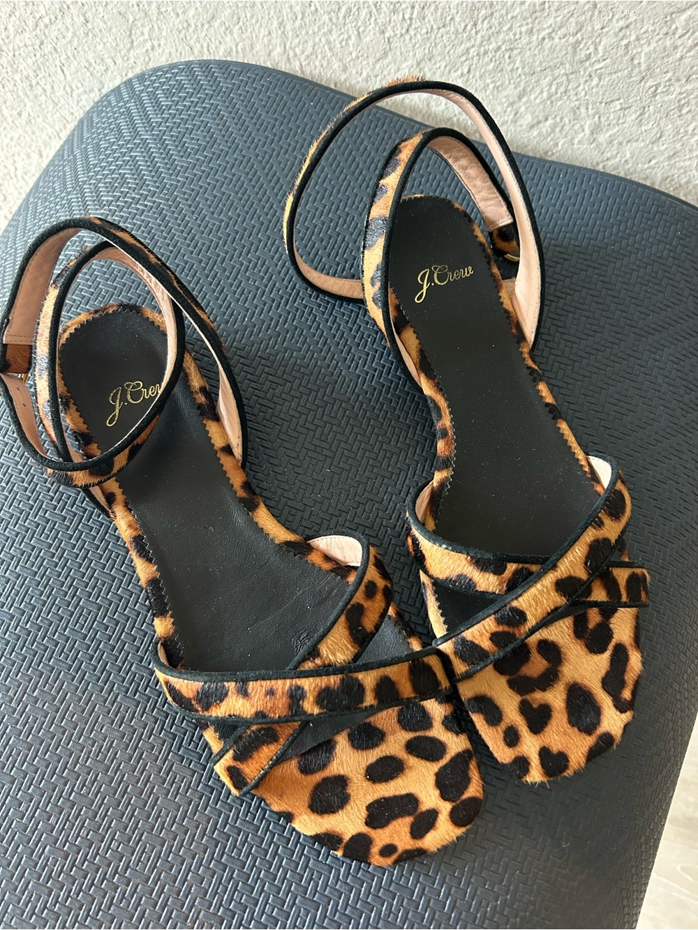 J. Crew Leopard Ponyhair Ankle-Strap Sandals in Tan and Black